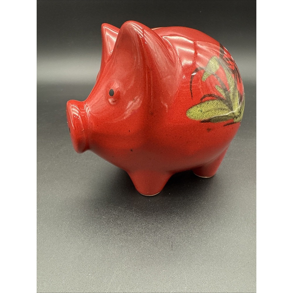 Vtg Stoneware/Ceramic Red Piggy Bank Glazed Pig Mushroom Floral 1979 Germany